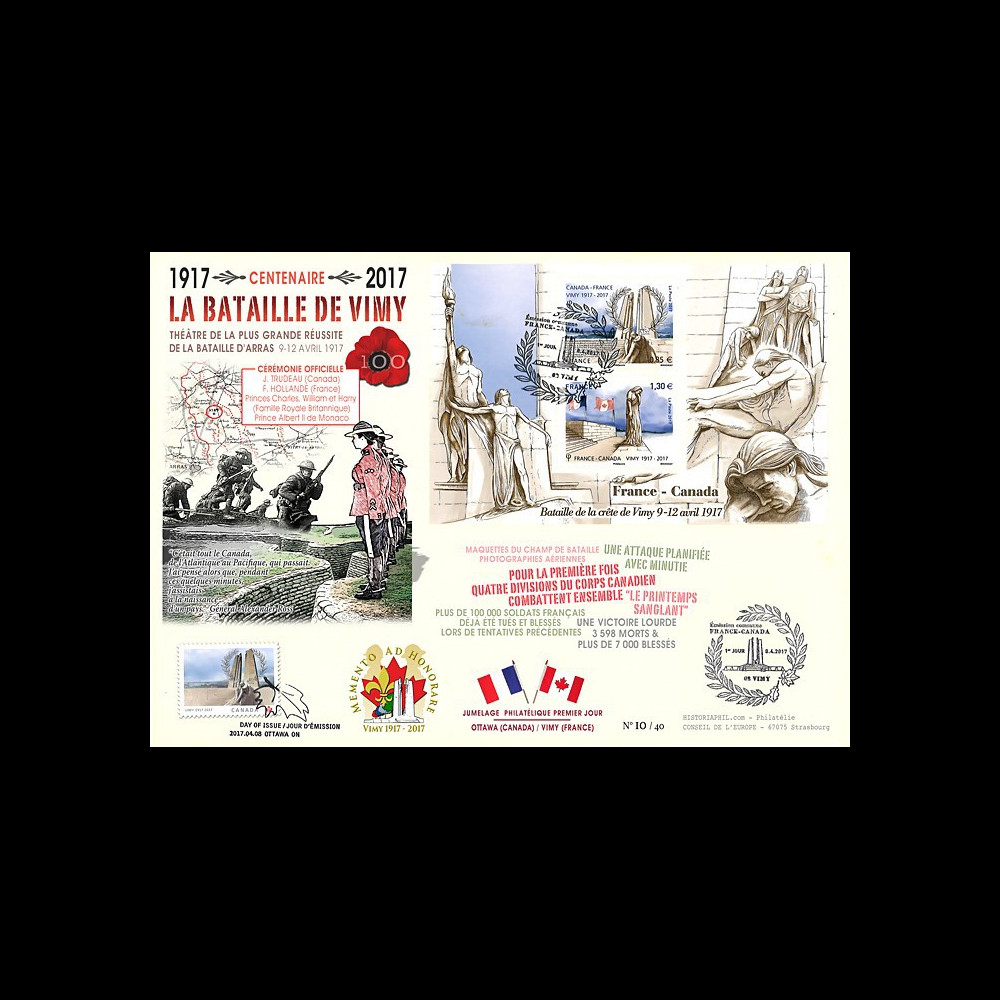 CENT17-3 : MAXI-FDC FRANCE-CANADA "1917-2017 Bataille de la crête de Vimy / Arras"