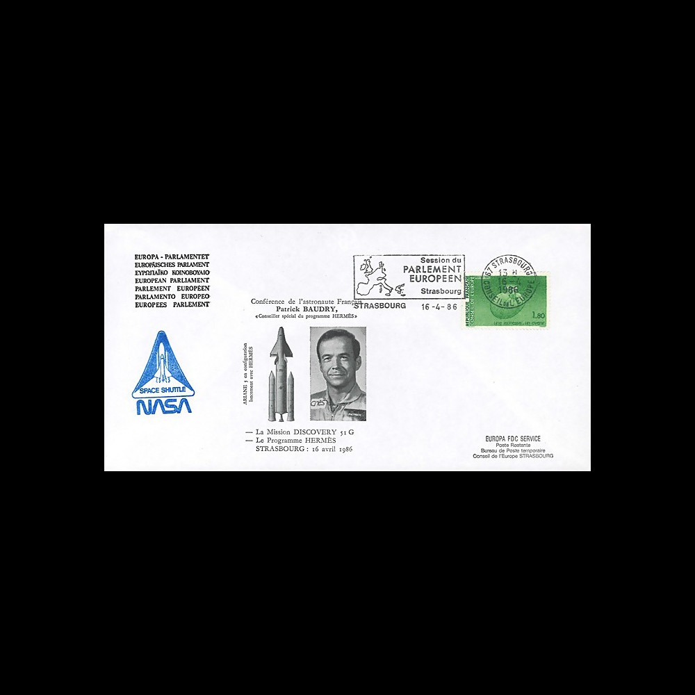 BAUD1-EO : 1986 FDC PE "Patrick BAUDRY au Parlement européen / Mission Discovery 51G"