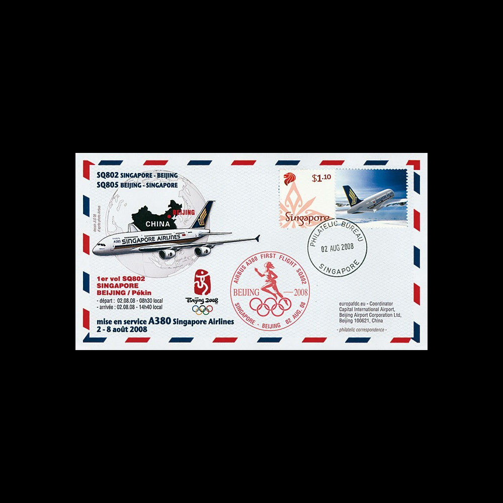 A380-65T1 : 2008 FFC Singapour "JO BEIJING 2008 / 1er vol 380 Singapour-Pékin" TYPE1