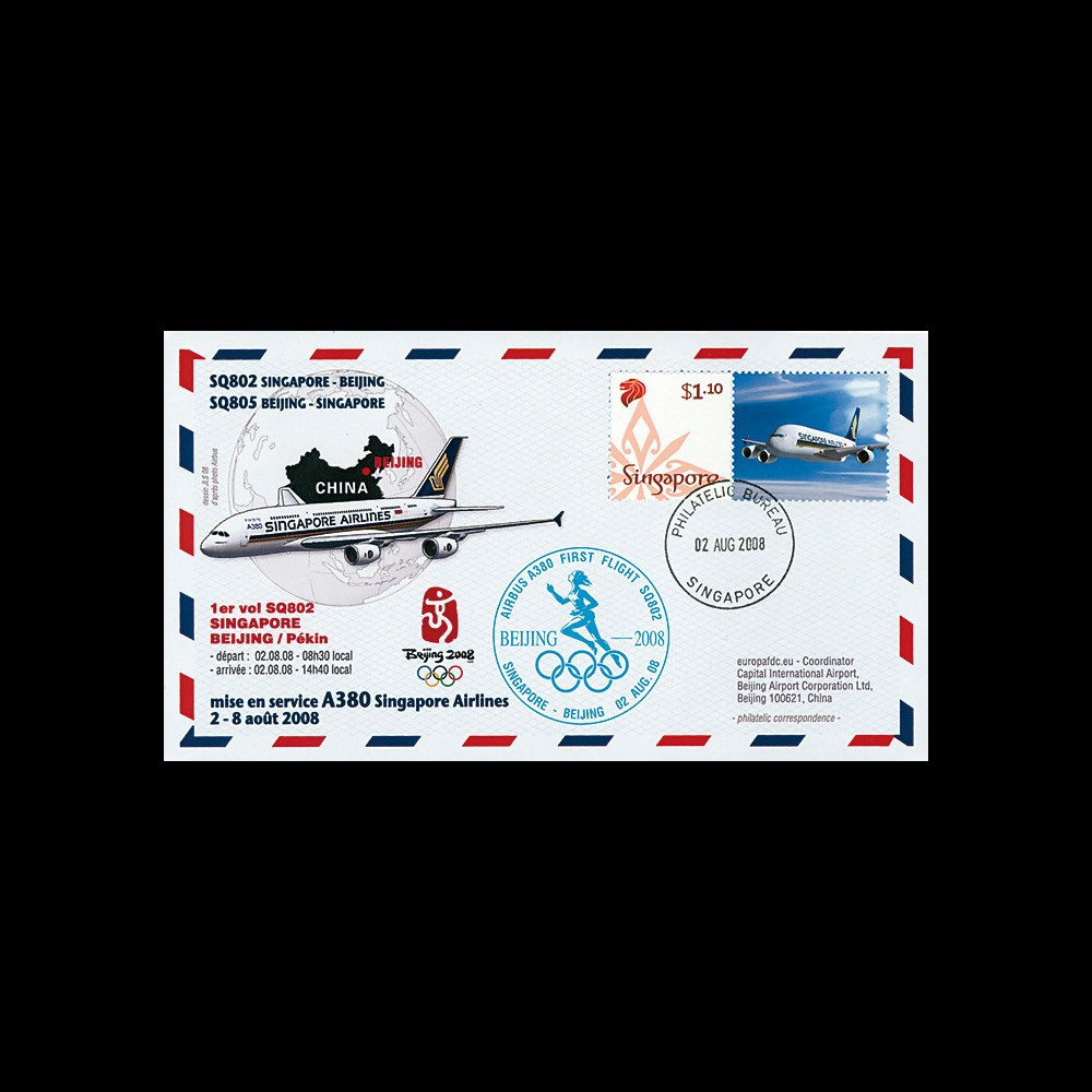 A380-65T2 : 2008 FFC Singapour "JO BEIJING 2008 / 1er vol 380 Singapour-Pékin" TYPE2