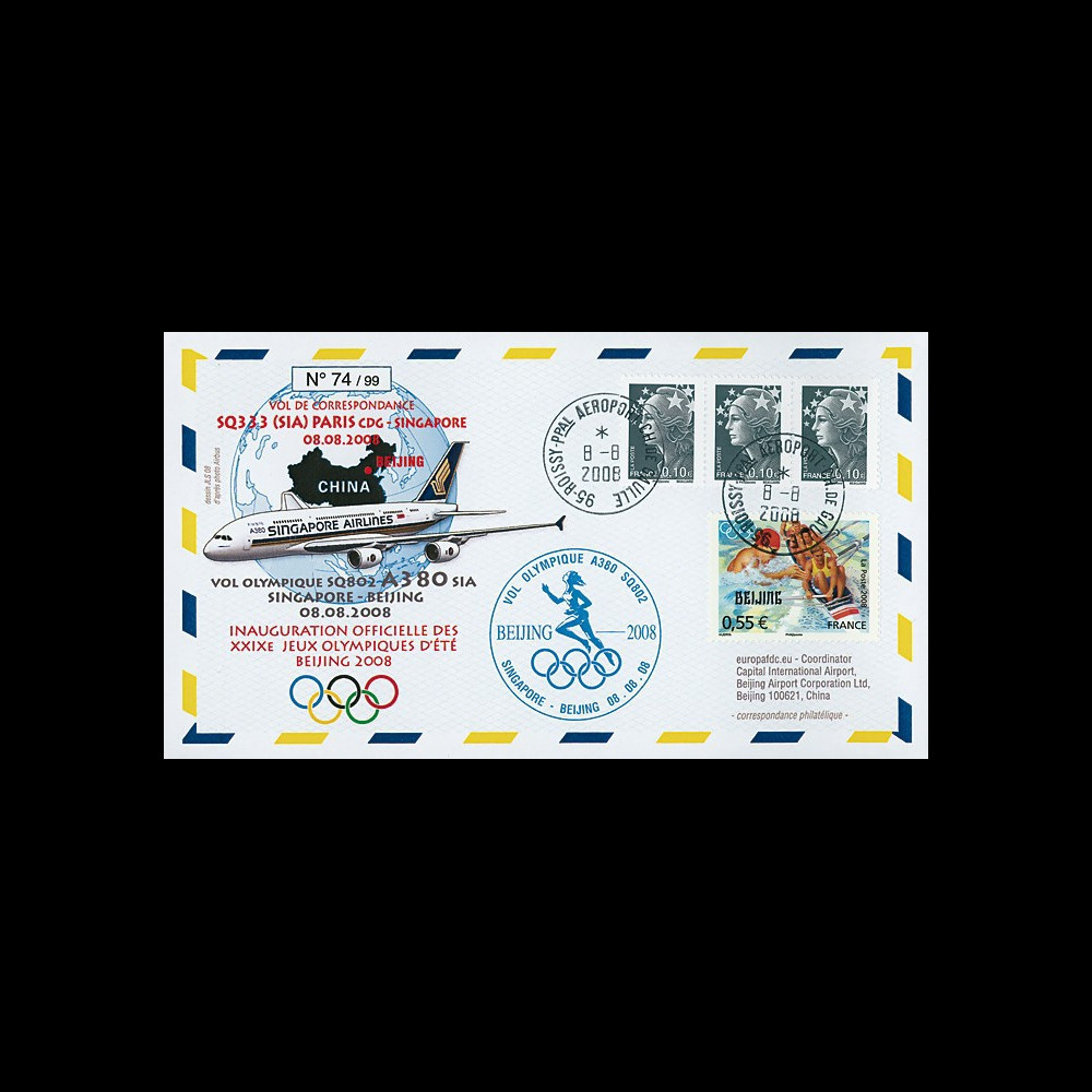 A380-67T1 : 2008 FFC Singapour "JO BEIJING 2008 / Vol olympique A380 Paris-Singapour"