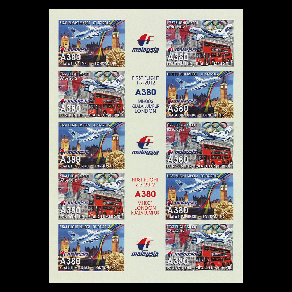A380-187FND : 2012 Feuillet vignettes "1er Vol A380 MAS Kuala Lumpur-Londres / JO 2012"