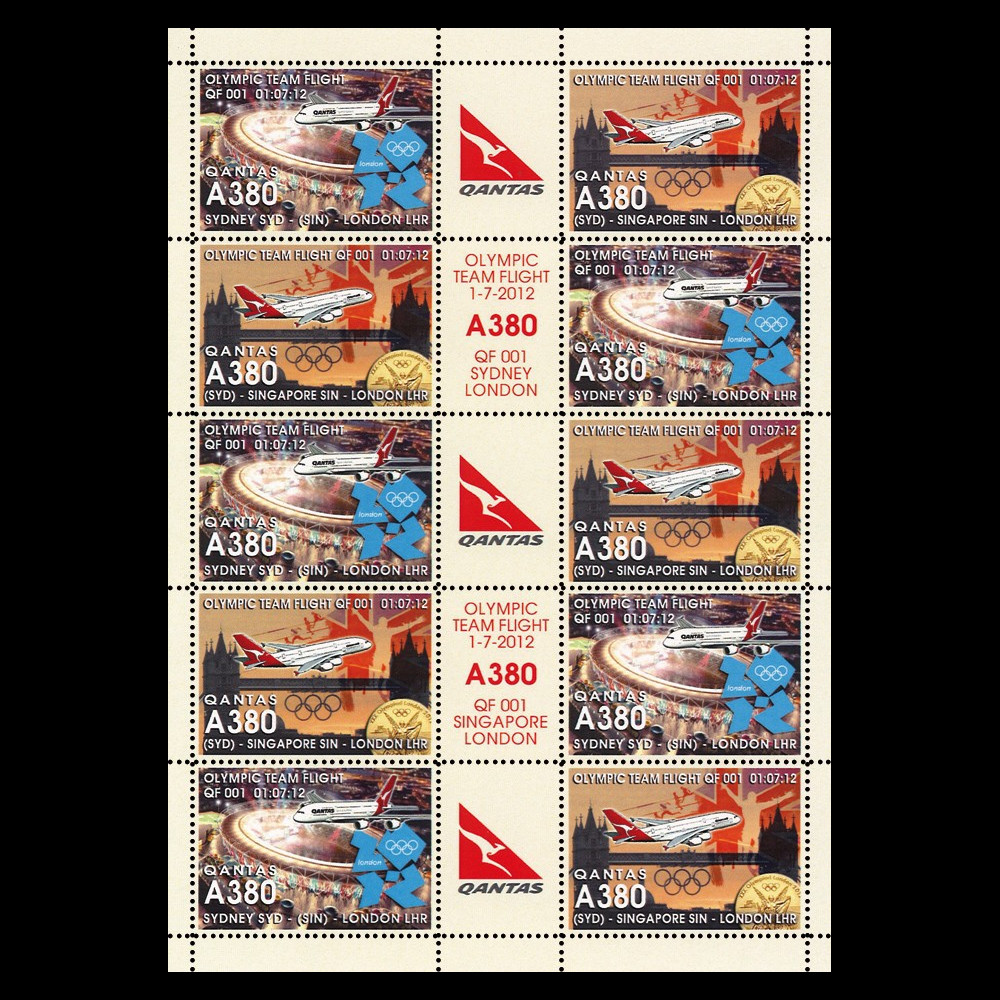 A380-185FD : 2012 Feuillet vignettes "1er Vol A380 QANTAS Sydney-Londres / JO 2012"