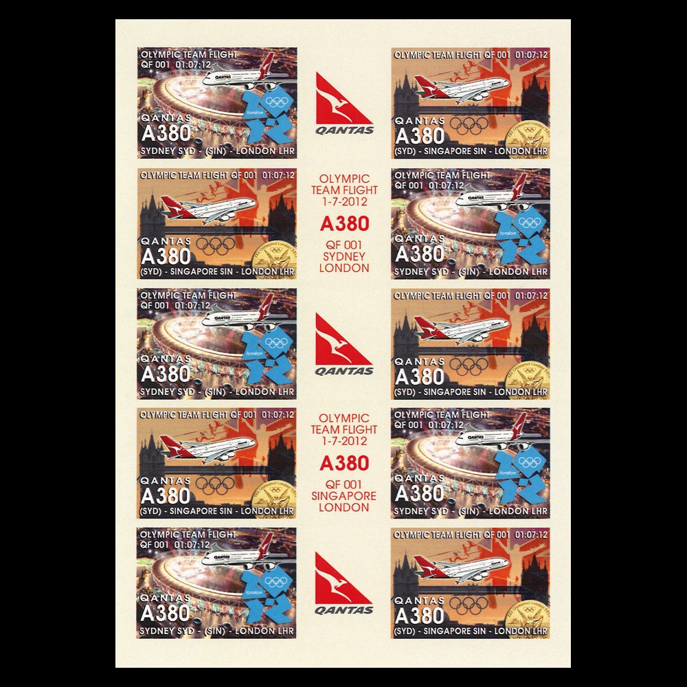 A380-185FND : 2012 Feuillet vignettes "1er Vol A380 QANTAS Sydney-Londres / JO 2012"