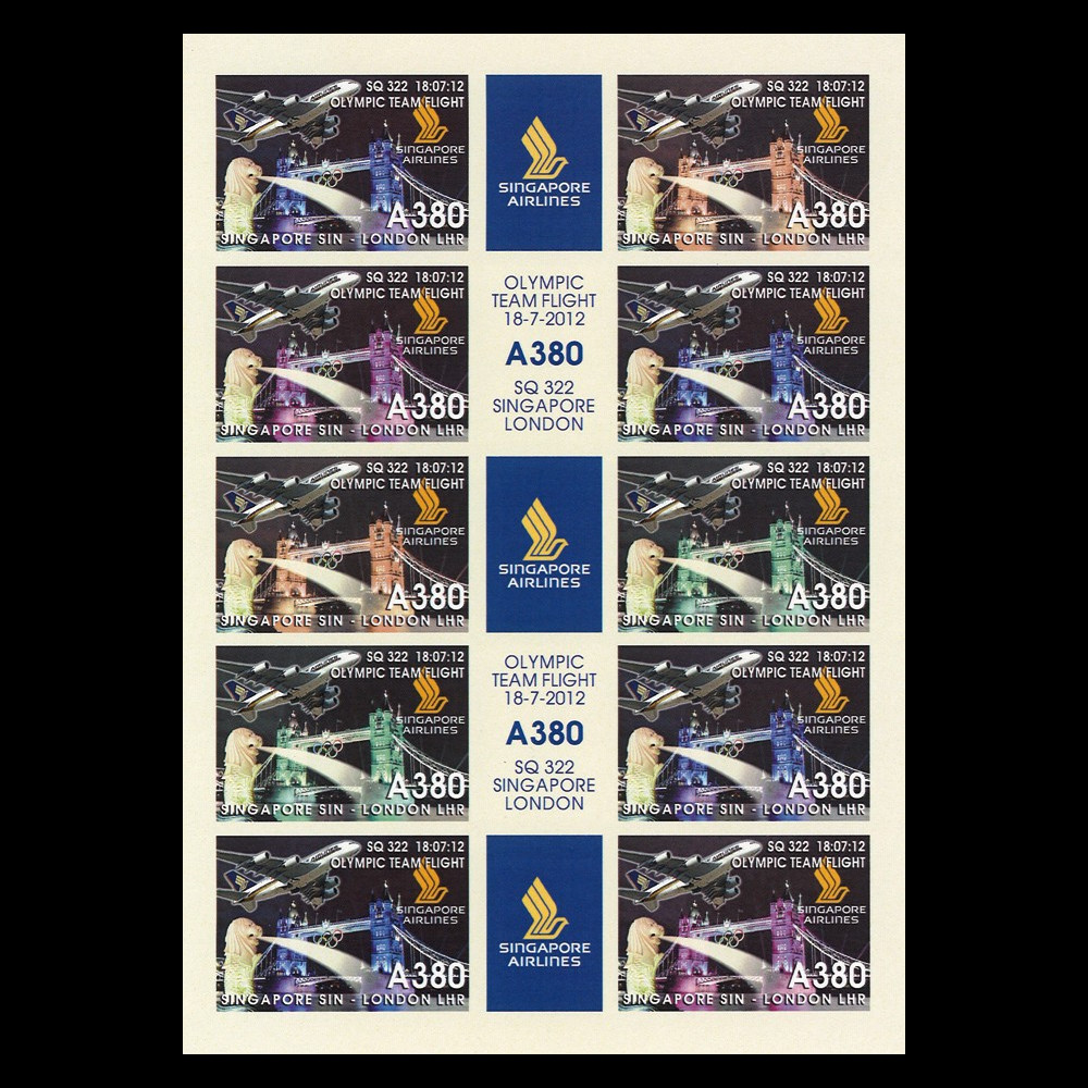 A380-189FND : 2012 Feuillet vignettes "1er Vol A380 Singapour - Londres / JO 2012"