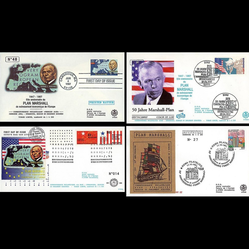 PE343/353 : 1997 - 4 FDC USA / Allemagne / Pays-Bas et Italie "50 ans du Plan Marshall"