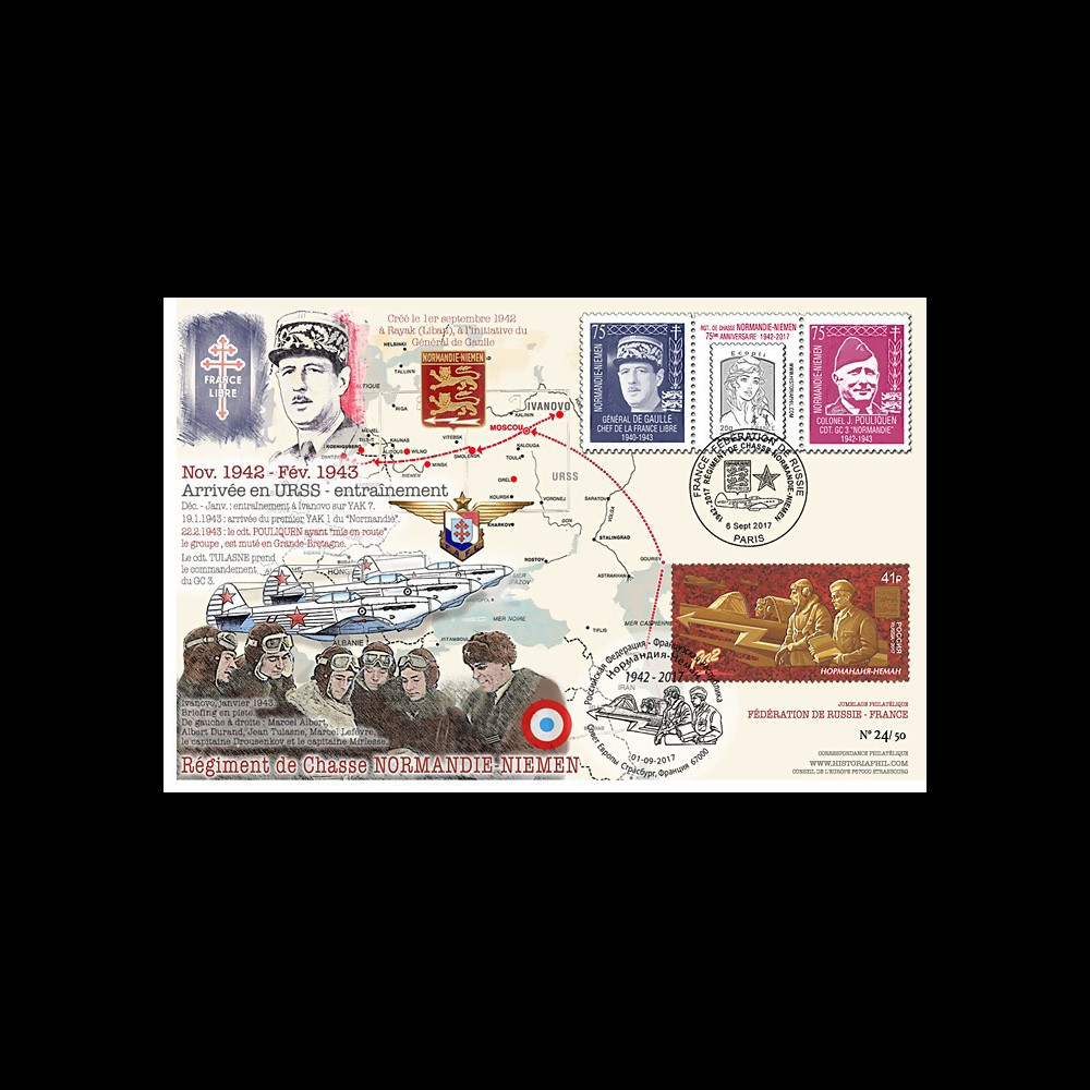 NIEM17-3 : 2017 Maxi-FDC France-Russie "Rgt Normandie-Niemen / de Gaulle / Pouliquen"