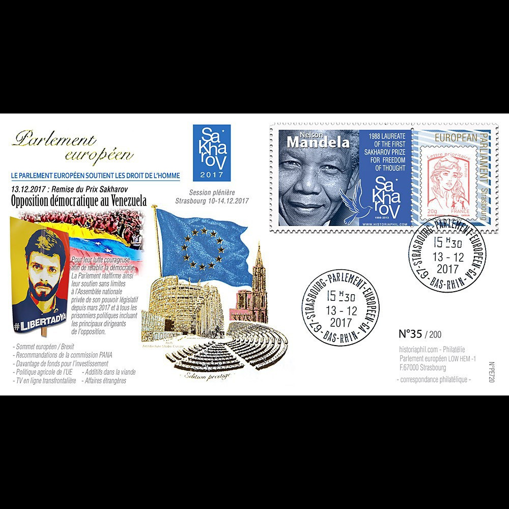 PE720 : 2017 FDC PE "Prix Sakharov Opposition démocratique Venezuela / Mandela 1988"