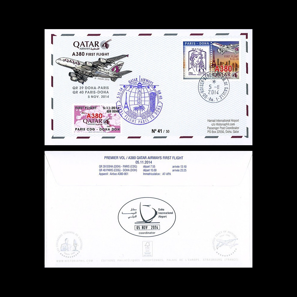A380-286T2 : FDC France “Vol inaugural A380 QR 40 Paris - Doha (Qatar) 5.11.2014“
