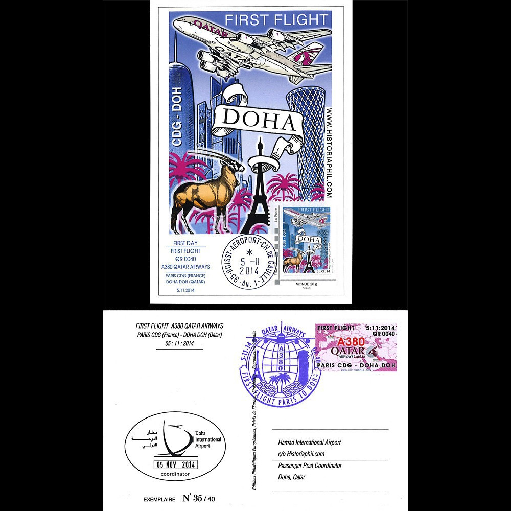 A380-285 : Carte Maxi France “1er Vol A380 Paris-Doha (Qatar) 5.11.2014“ / Monde