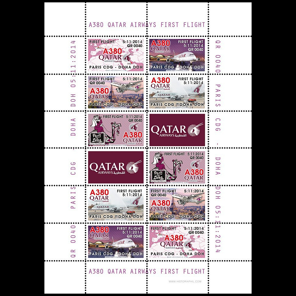A380-286FD : Feuillet vignettes “Vol inaugural A380 QR 40 Paris - Doha (Qatar) 5.11.2014“