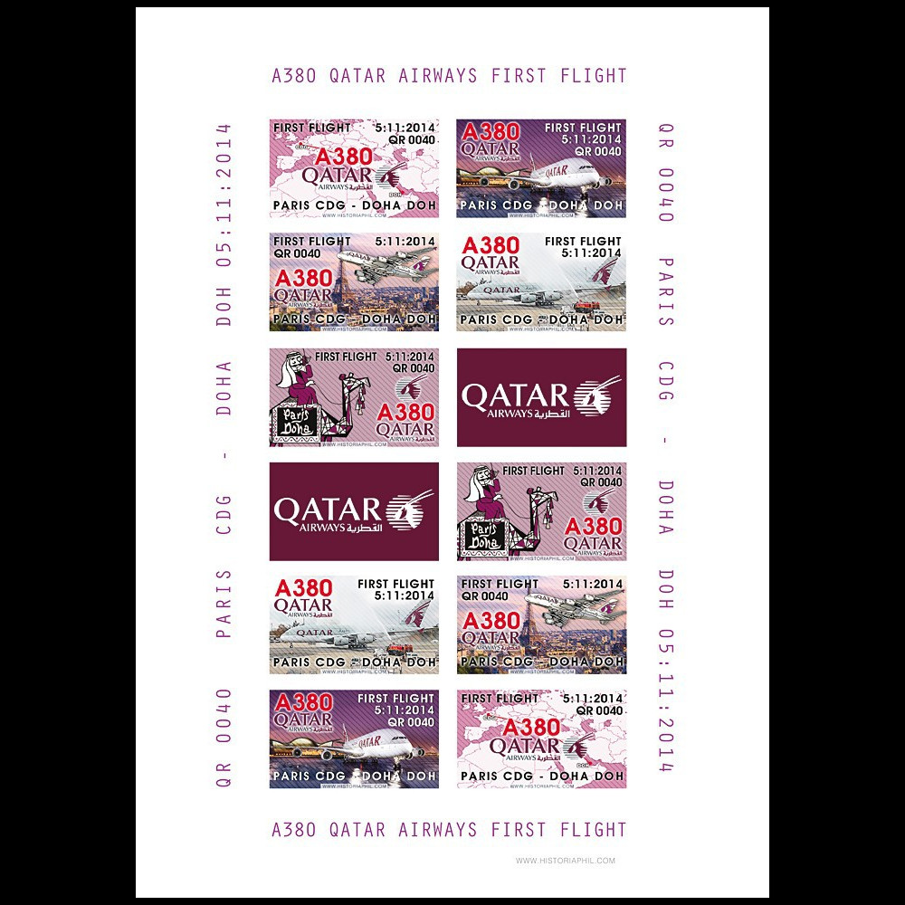 A380-286FND : Feuillet vignettes “Vol inaugural A380 QR 40 Paris-Doha (Qatar) 5.11.2014“