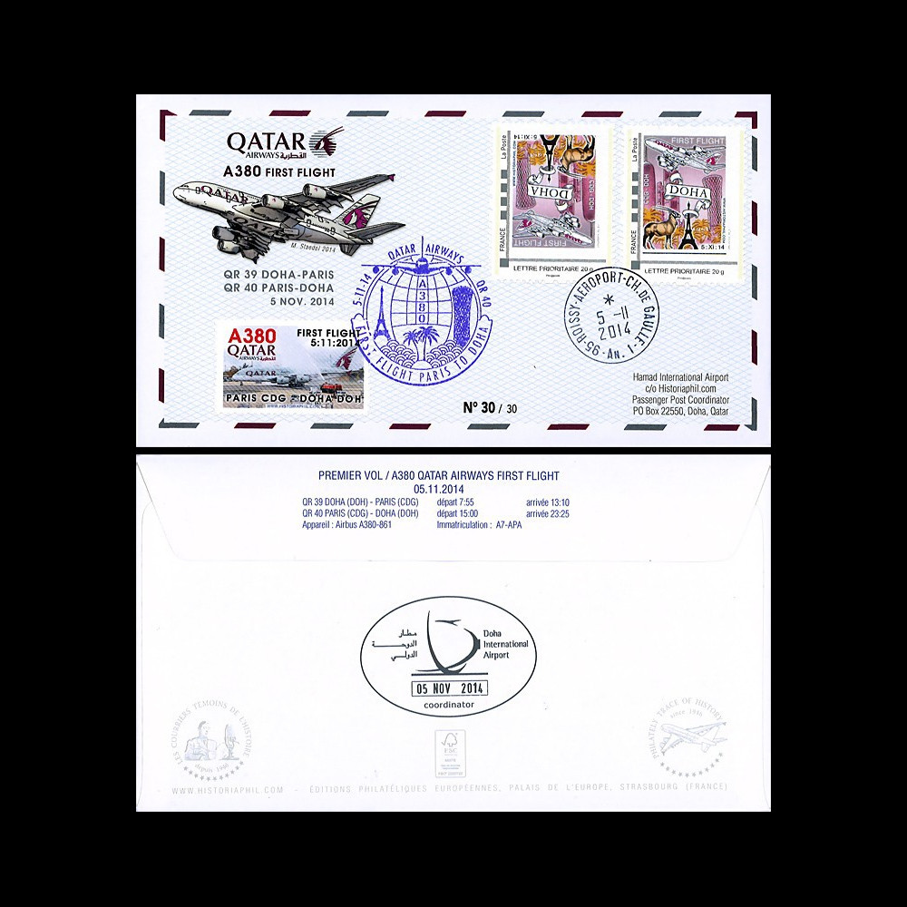A380-284V : France FFC VARIETE “Vol inaugural A380 QR 40 Paris-Doha (Qatar) 5.11.2014“