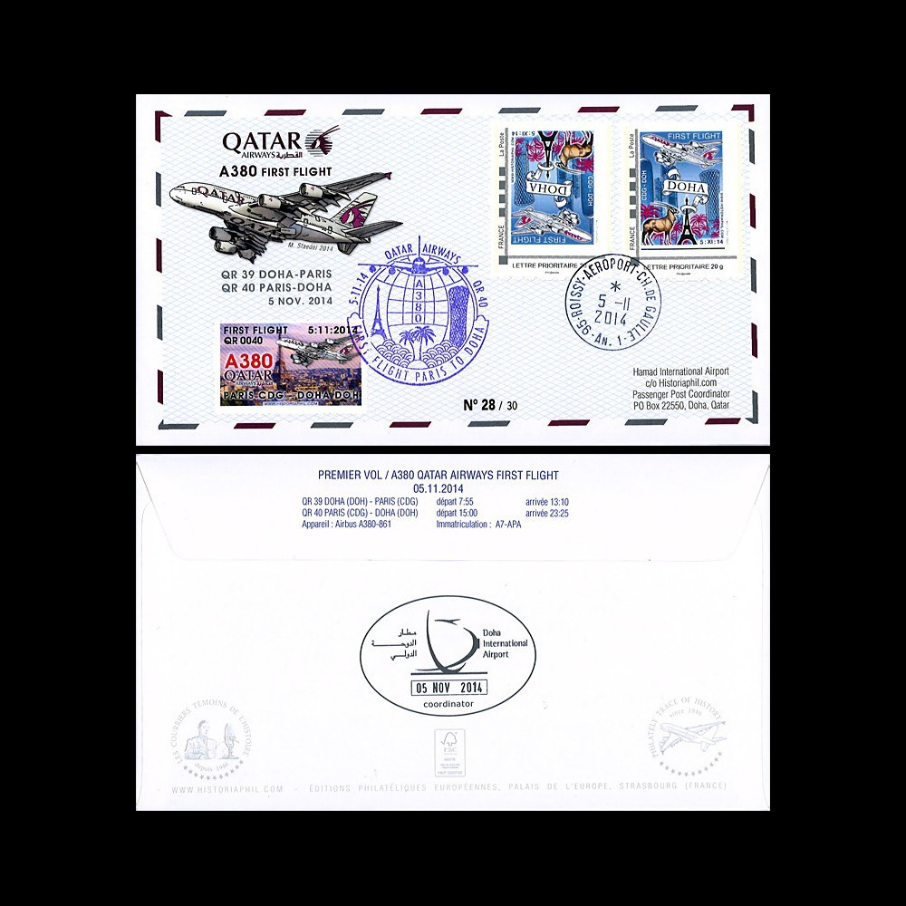A380-285V : France FFC VARIETE “Vol inaugural A380 QR 40 Paris-Doha (Qatar) 5.11.2014“