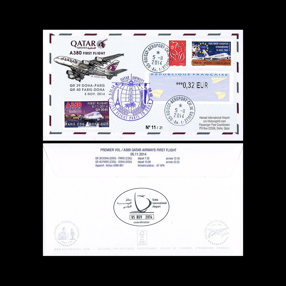 A380-283T1 : France FDC “Vol inaugural A380 Paris-Doha 5.11.2014“ TPP SURCHARGE OR