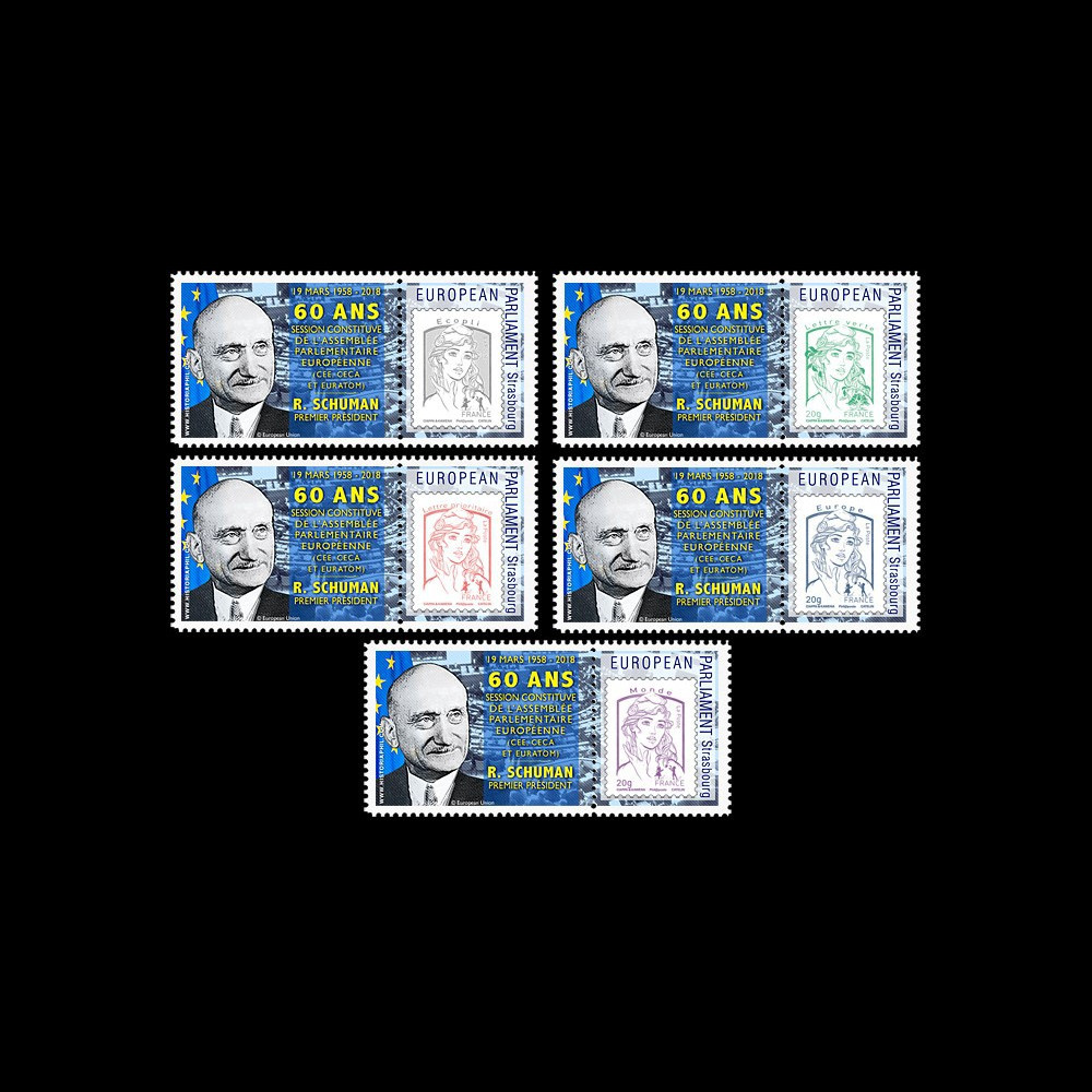 PE723-PT : 5 Marianne "PE / 60 ans session constitutive / Schuman 1er président du PE" PE723-PT : 5 Marianne "PE / 60 ans session constitutive / Schuman 1er président du PE"