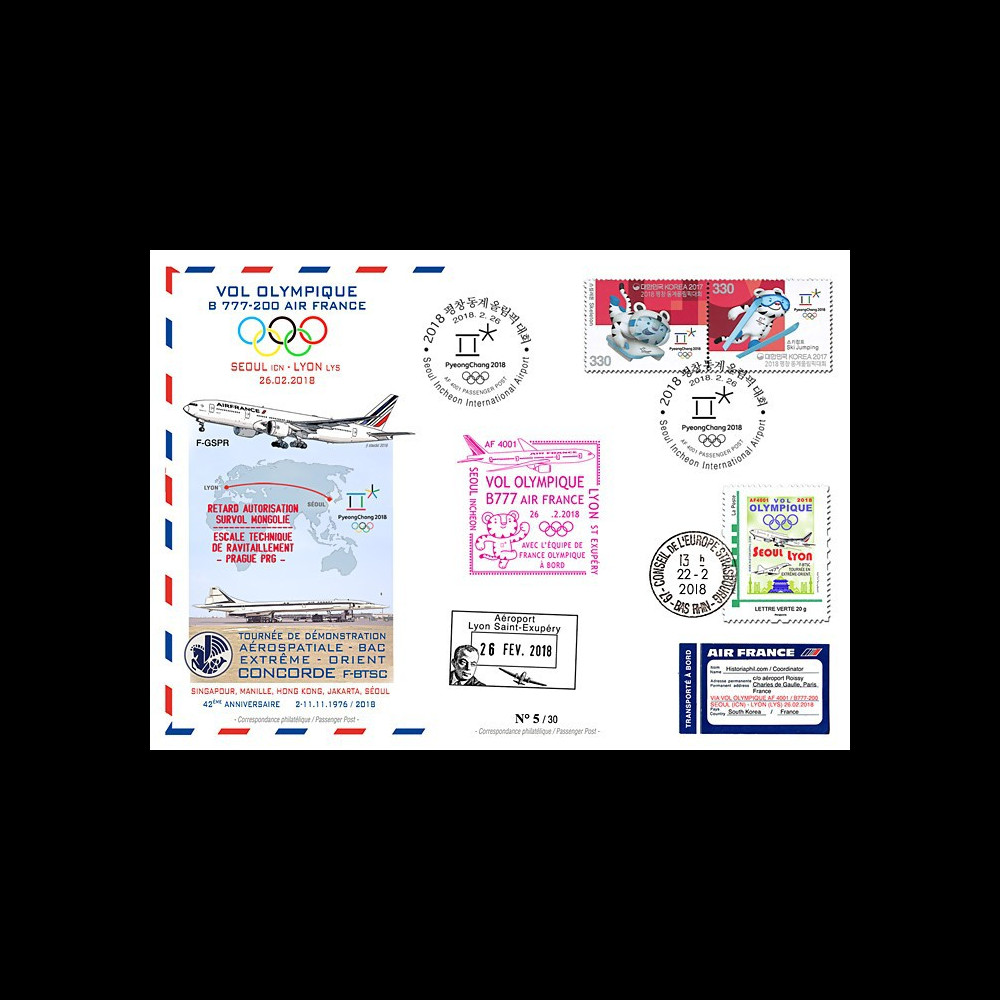 JO2018-1 : 26.2.2018 FFC voyagée "Vol olympique B777 AIR FRANCE Séoul-Lyon" TYPE 1 JO2018-1 : 26.2.2018 FFC voyagée "Vol olympique B777 AIR FRANCE Séoul-Lyon" TYPE 1