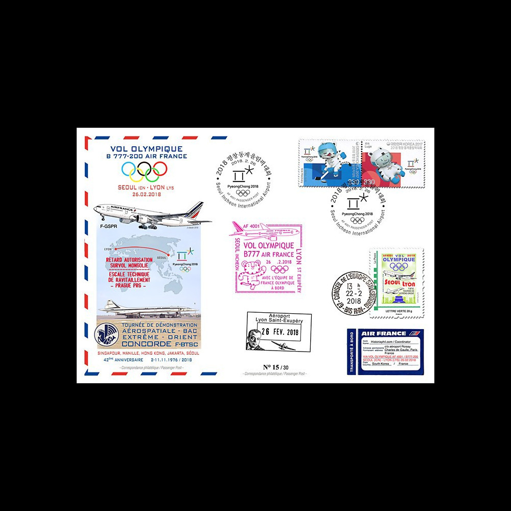 JO2018-3 : 26.2.2018 FFC voyagée "Vol olympique B777 AIR FRANCE Séoul-Lyon" TYPE 3