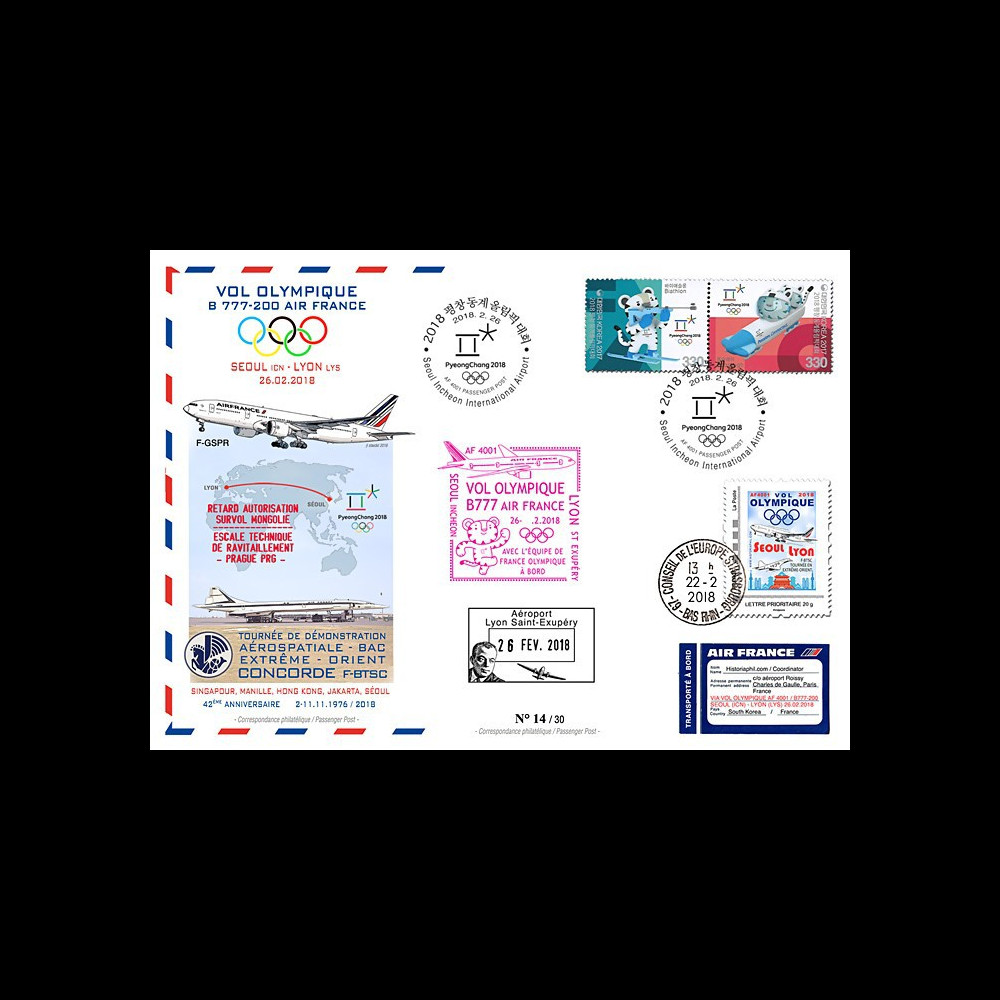 JO2018-5 : 26.2.2018 FFC voyagée "Vol olympique B777 AIR FRANCE Séoul-Lyon" TYPE 5 JO2018-5 : 26.2.2018 FFC voyagée "Vol olympique B777 AIR FRANCE Séoul-Lyon" TYPE 5
