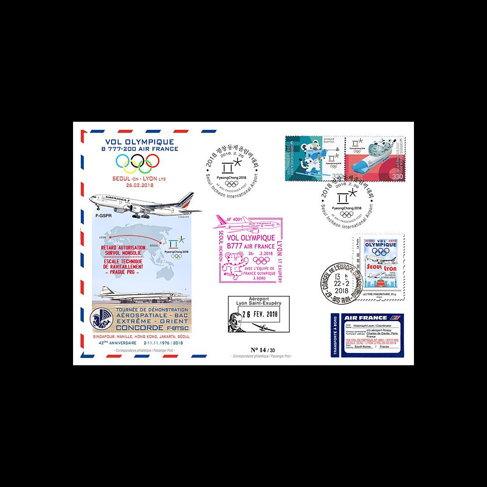 JO2018-5 : 26.2.2018 FFC voyagée "Vol olympique B777 AIR FRANCE Séoul-Lyon" TYPE 5