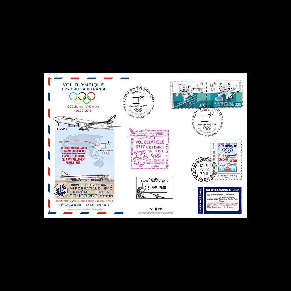 JO2018-6 : 26.2.2018 FFC voyagée "Vol olympique B777 AIR FRANCE Séoul-Lyon" TYPE 6