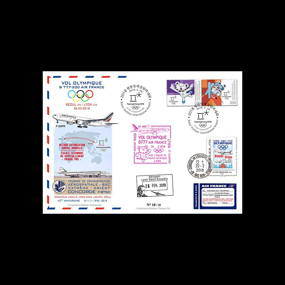 JO2018-7 : 26.2.2018 FFC voyagée "Vol olympique B777 AIR FRANCE Séoul-Lyon" TYPE 7