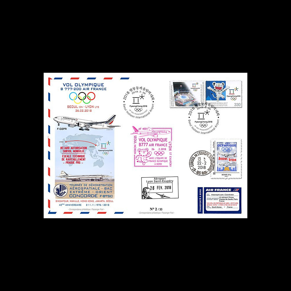 JO2018-9 : 26.2.2018 FFC voyagée "Vol olympique B777 AIR FRANCE Séoul-Lyon" TYPE 9