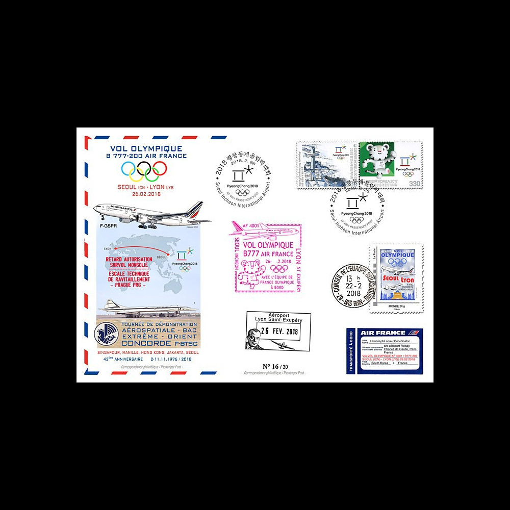 JO2018-10 : 26.2.2018 FFC voyagée "Vol olympique B777 AIR FRANCE Séoul-Lyon" TYPE 10