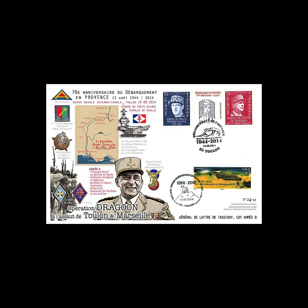 DEB14-33 : 2015 Maxi-FDC 70 ans Débarquement Provence - Opération Dragoon - de Lattre