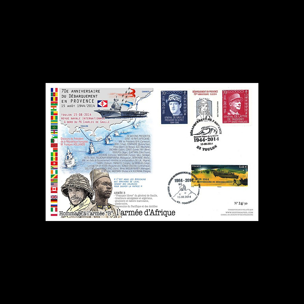 DEB14-34 Maxi-FDC 70 ans Débarquement Provence - revue navale - armée d'Afrique 2014