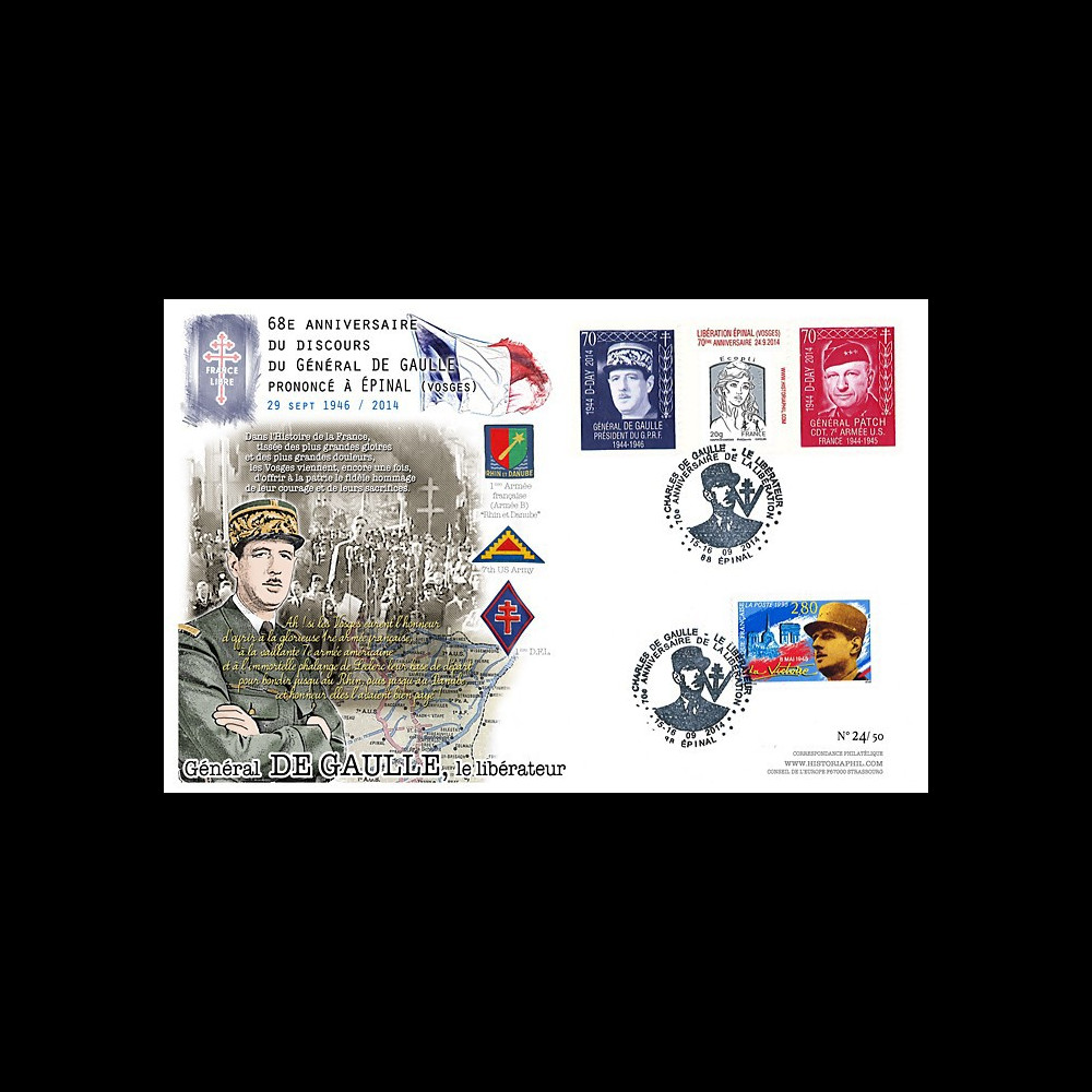 DEB14-36 : Maxi-FDC "1946-2014 : 68 ans Discours du Général de Gaulle à Epinal / Patch"