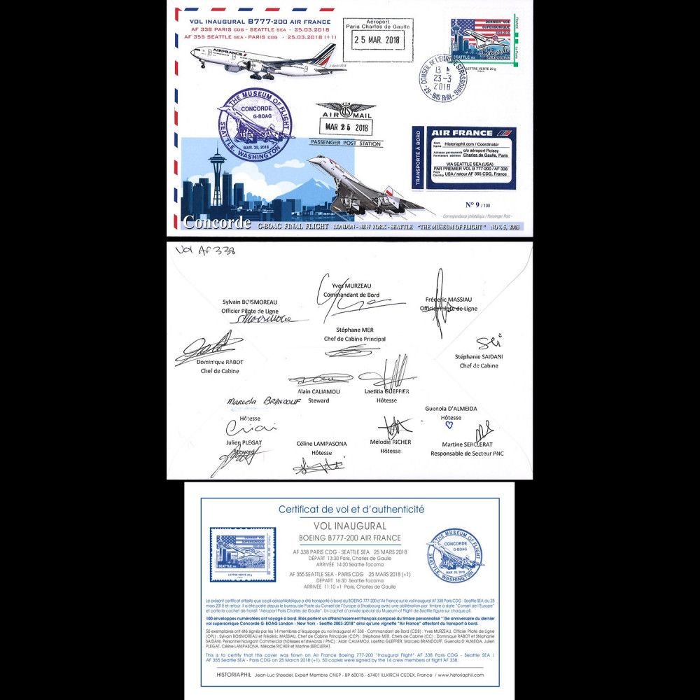 CO-RET82D : 2018 FFC "1er AF338 B777 & dernier vol Concorde BA Seattle" signée équipage