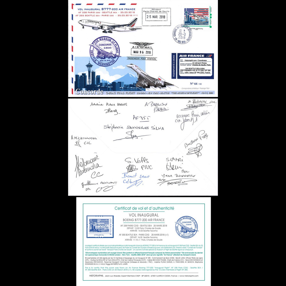 CO-RET83D : 2018 FFC "1er AF355 B777 & dernier vol Concorde BA Seattle" signée équipage CO-RET83D : 2018 FFC "1er AF355 B777 & dernier vol Concorde BA Seattle" signée équipage
