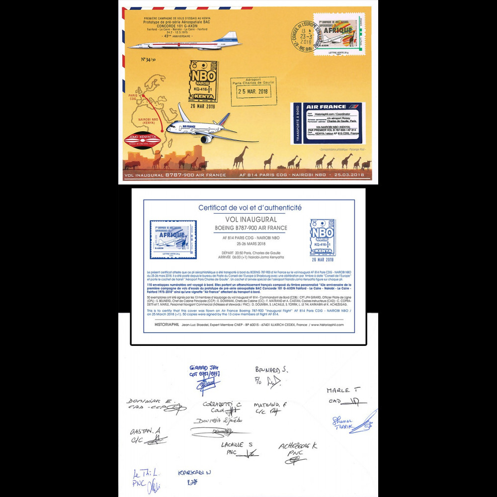 CO-RET85D 2018 FFC "1er AF814 B787 & vols d'essais Concorde à Nairobi" signée équipage CO-RET85D 2018 FFC "1er AF814 B787 & vols d'essais Concorde à Nairobi" signée équipage