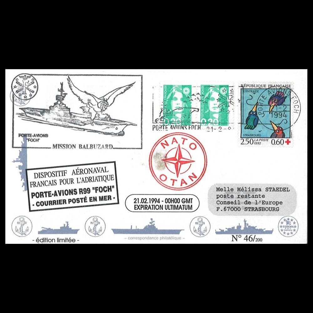 BALB9 : 1994 FDC France "Guerre ex-Yougoslavie - Porte-avions FOCH - Mission Balbuzard" BALB9 : 1994 FDC France "Guerre ex-Yougoslavie - Porte-avions FOCH - Mission Balbuzard"
