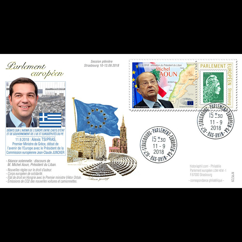 PE729 : 2018 FDC PE Discours Premier Ministre TSIPRAS (Grèce) et Président AOUN (Liban)