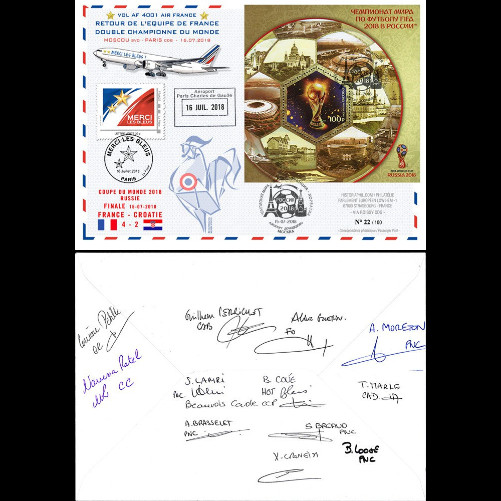 FOOT18-2D Pli France-Russie "Coupe du Monde 2018 Vol équipe de France" signé Air France