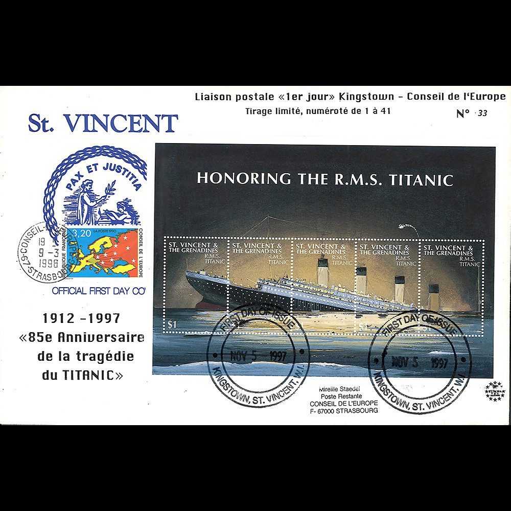 TITANIC98-4 1997 Maxi-FDC Premier Jour St. Vincent "85 ans du naufrage du TITANIC" TITANIC98-4 1997 Maxi-FDC Premier Jour St. Vincent "85 ans du naufrage du TITANIC"