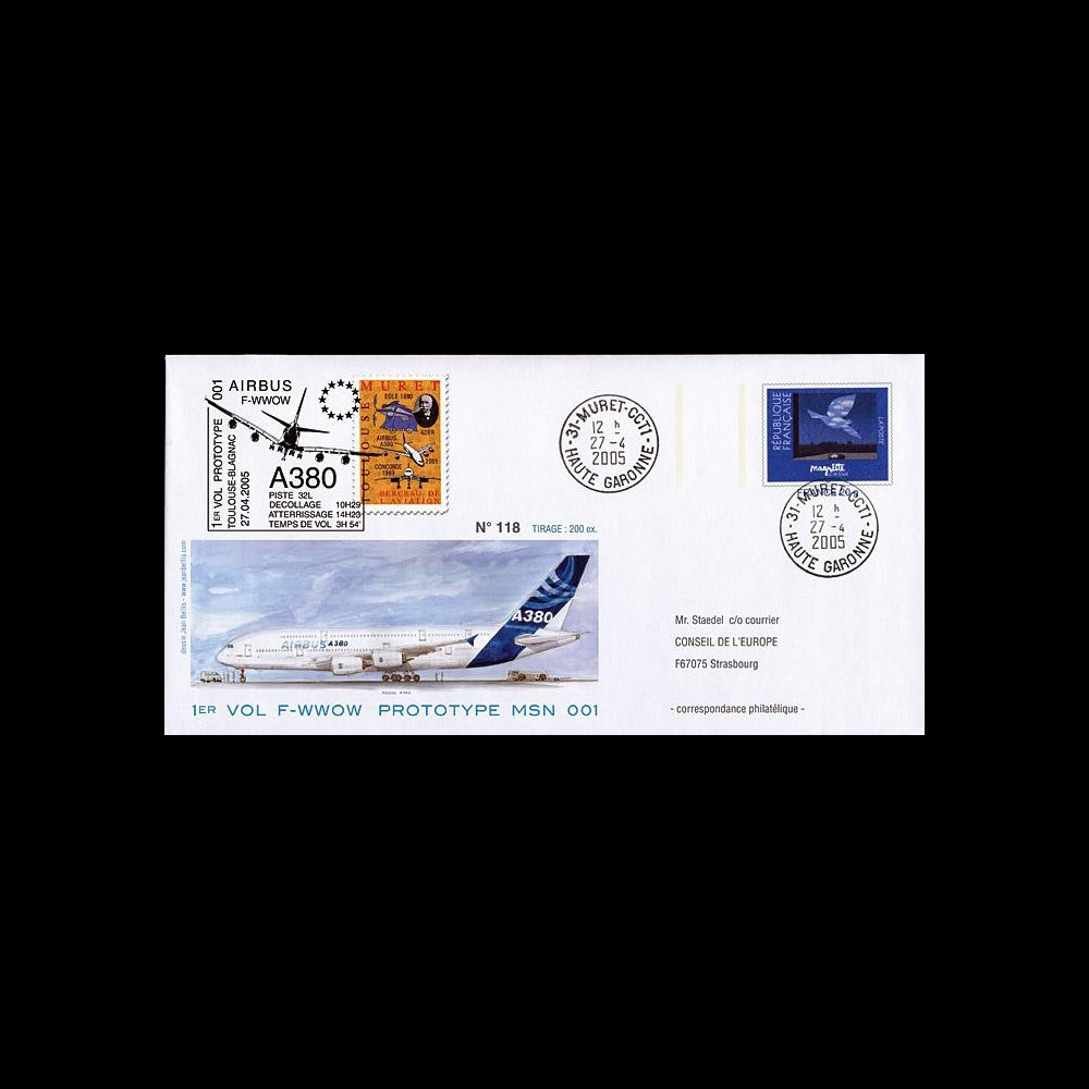 A380-10 : 2005 - Entier postal Airbus A380 - 1er vol prototype MSN 001