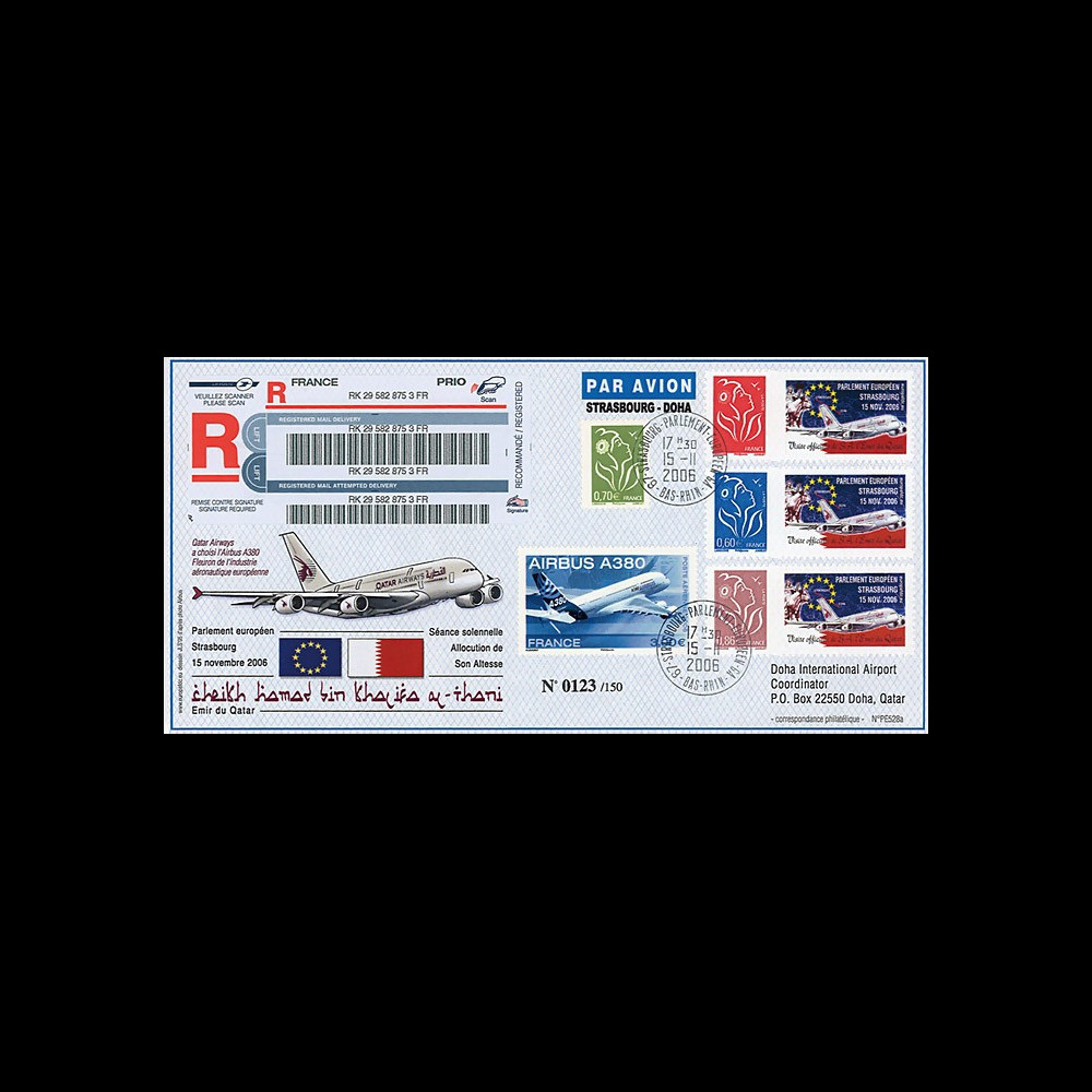 PE528a : 2006 - FDC RECO Parlement européen "BEN KHALIFA AL THANI / A380 Qatar Airways"