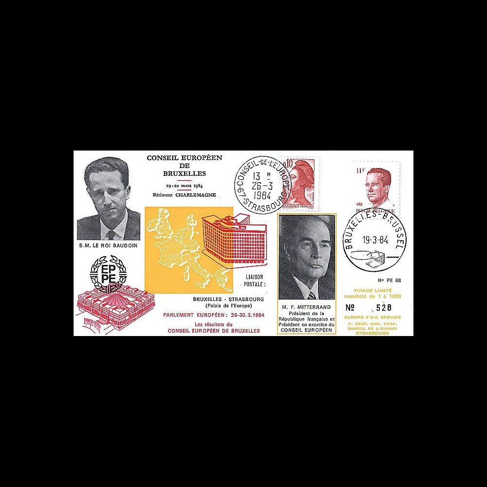 PE68 : 1984 - Conseil eur. de Bruxelles - Mitterrand et Roi Baudoin 1er