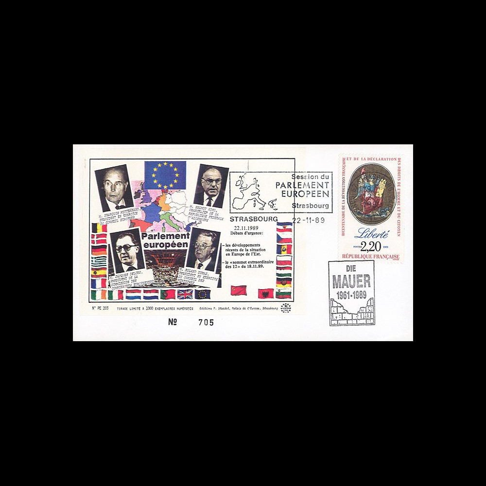 PE203 : 11-1989 - FDC Parlement européen "MITTERRAND & KOHL - Chute du Mur de Berlin"