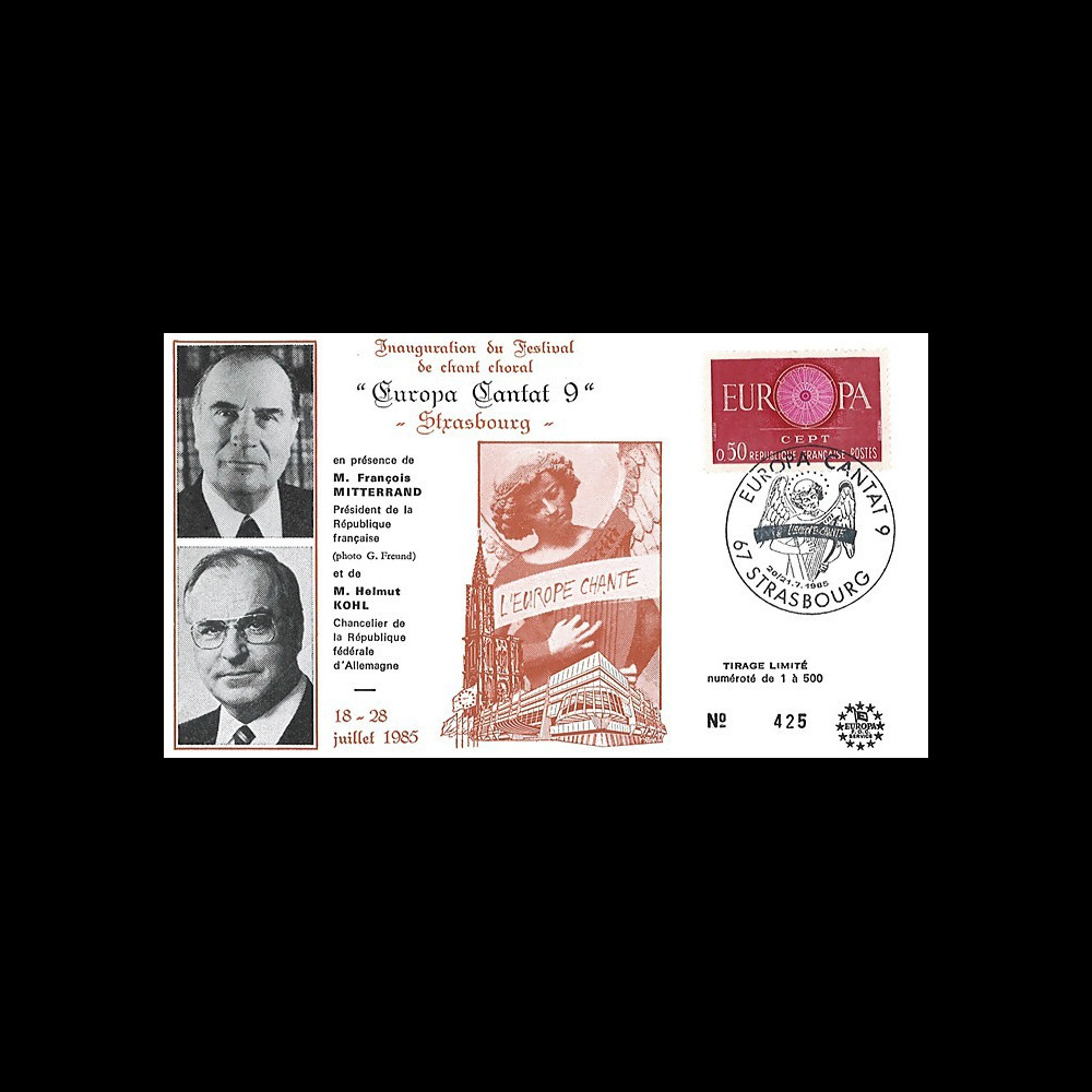 AEM85-EC-T1 : 1985 FDC Strasbourg "Année européenne de la Musique / Mitterrand & Kohl"