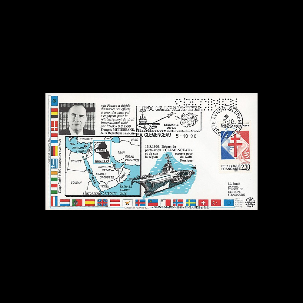 IK1-T3 : 1990 - FDC "Guerre du Golfe / Porte-avions CLEMENCEAU / M. MITTERRAND