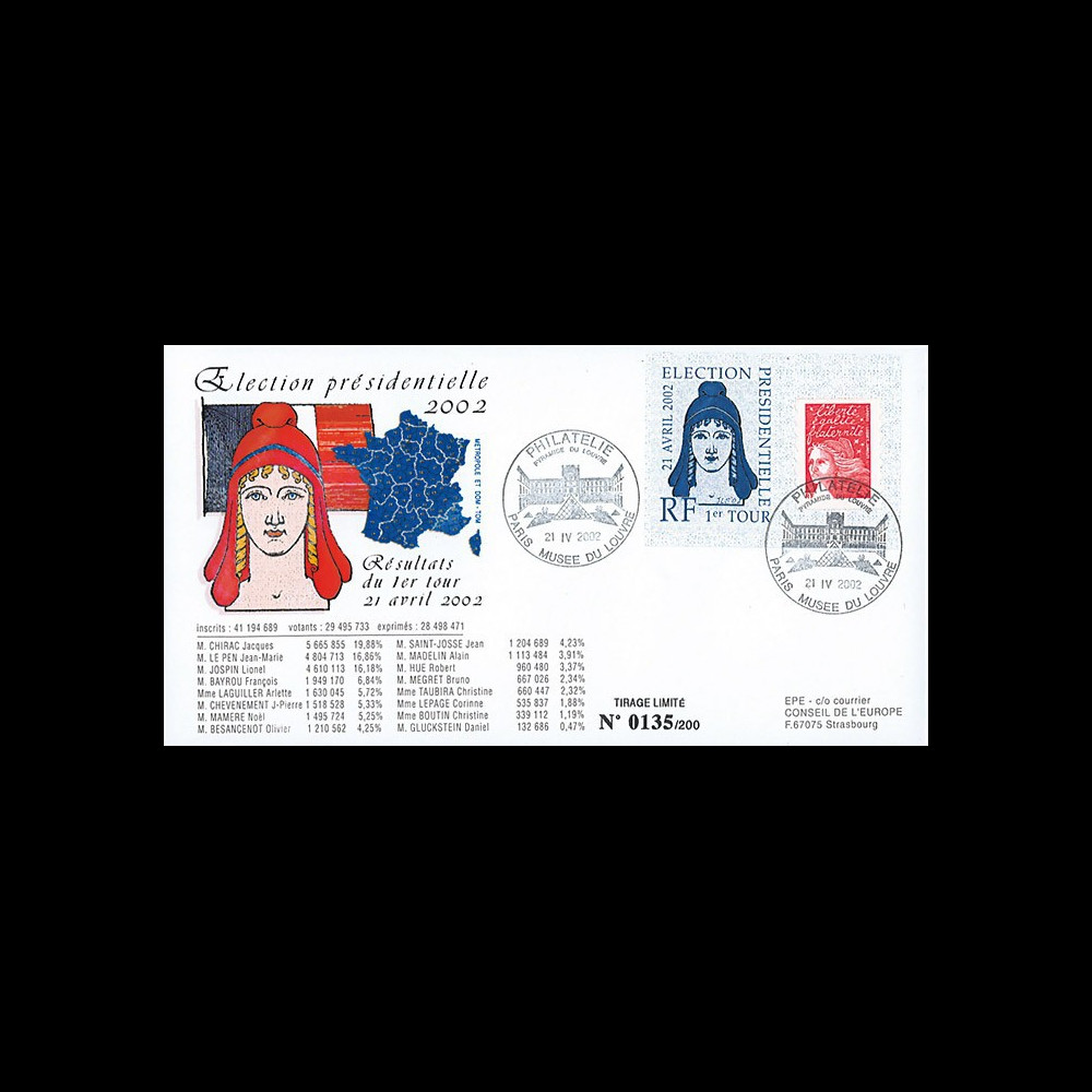 EP02-1T1 : 2002 - FDC "France Election Présidentielle 2002 - 1er TOUR" Paris Musée Louvre EP02-1T1 : 2002 - FDC "France Election Présidentielle 2002 - 1er TOUR" Paris Musée Louvre