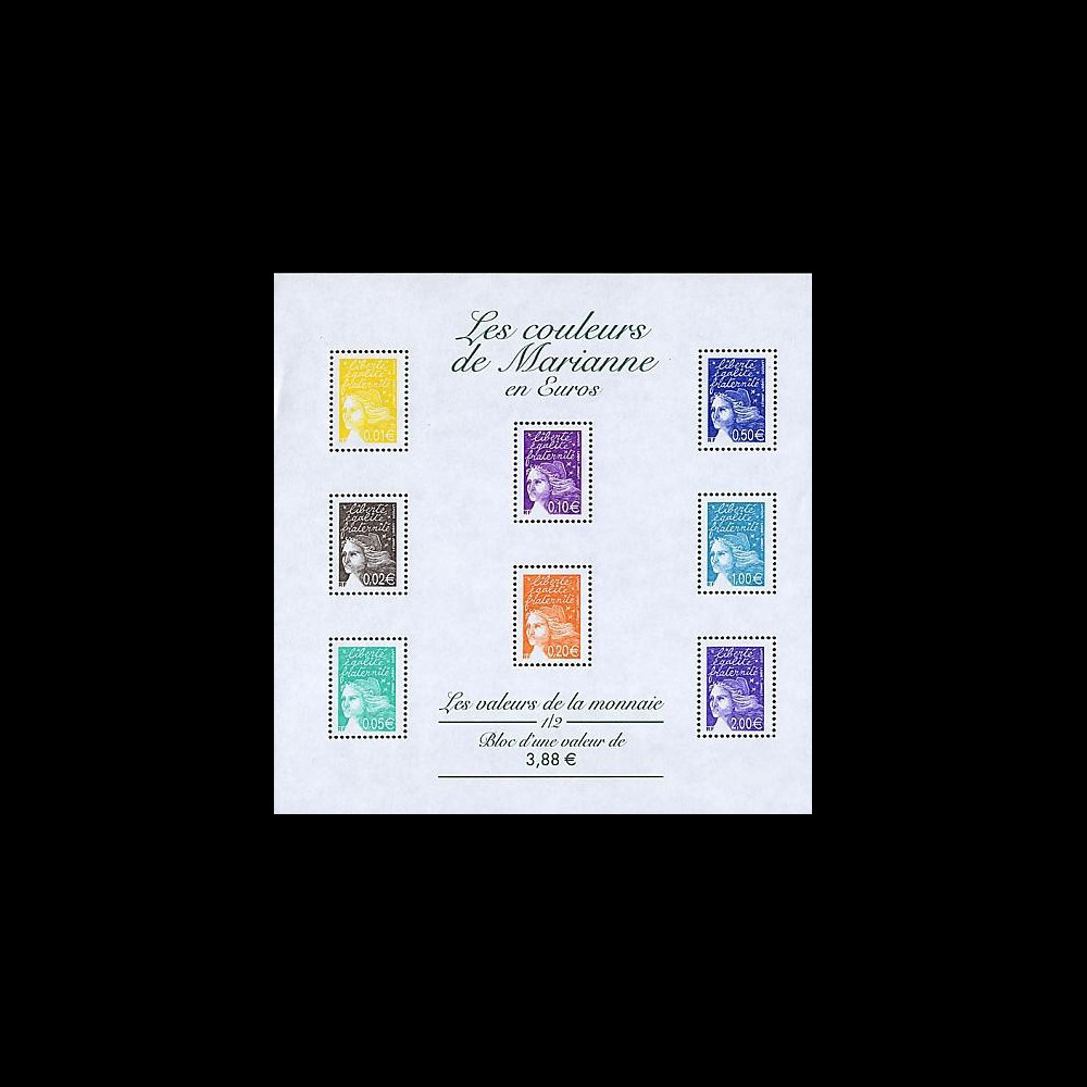 PE445-2NF1 : 2002 - Bloc-feuillet 'Couleurs Marianne en Euros 1/2' - France