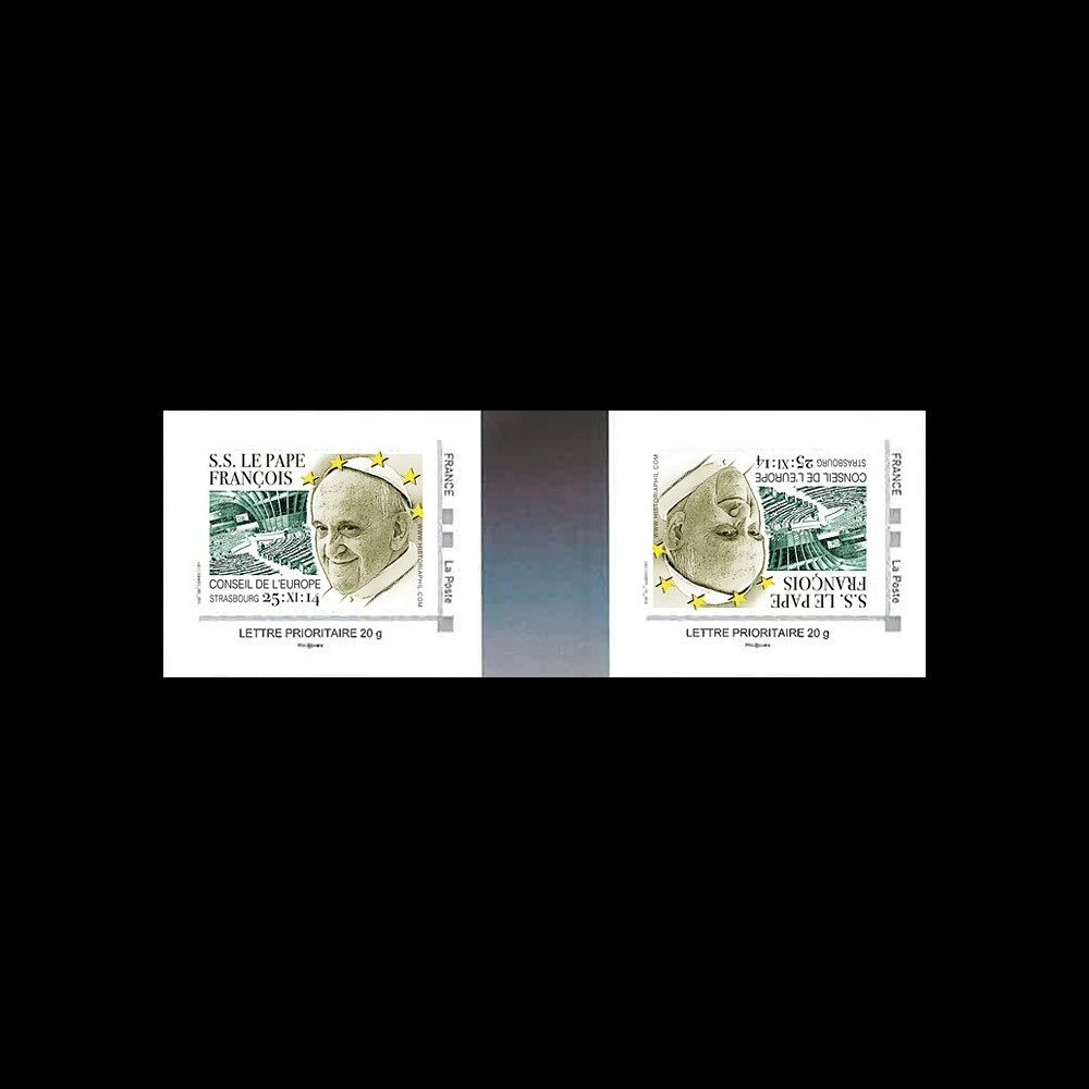 CE65V-2VN : 2014 - 2 TPP tête-bêche "Visite Pape François au Conseil de l'Europe" vert