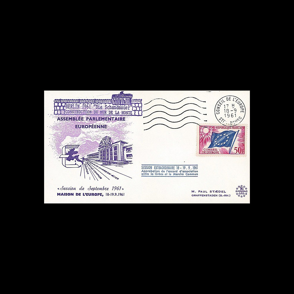 AP21 : 1961 - FDC Conseil de l'Europe "Construction Mur de la Honte - MUR DE BERLIN" AP21 : 1961 - FDC Conseil de l'Europe "Construction Mur de la Honte - MUR DE BERLIN"