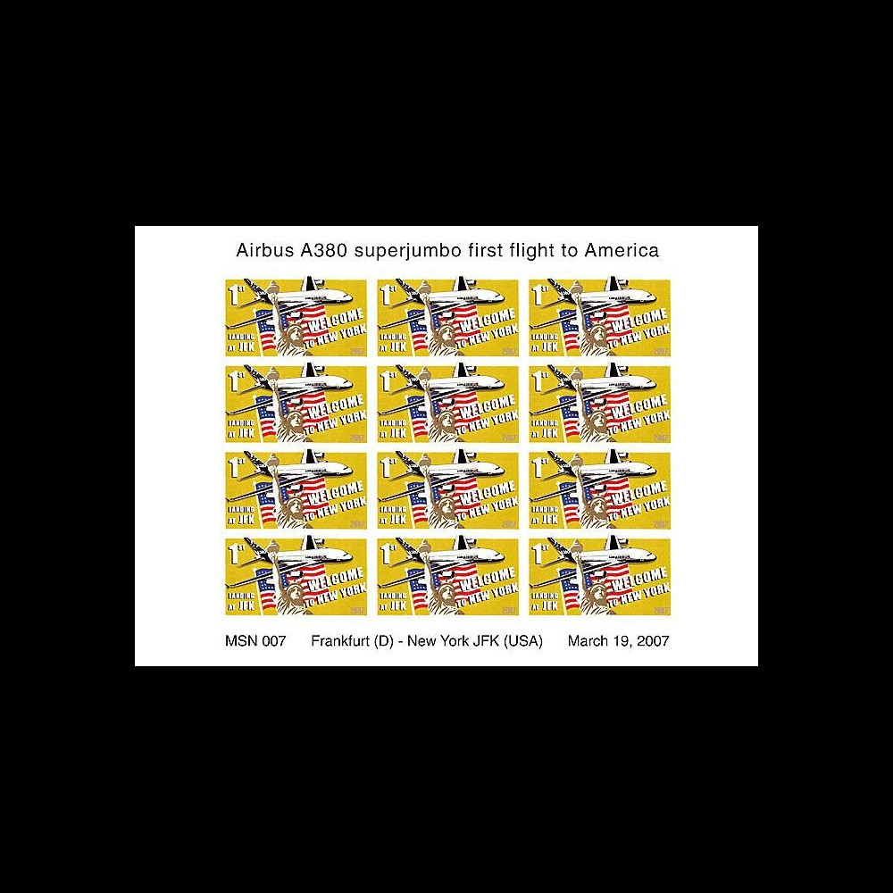 A380-42VND : 2007 - Feuillet non-dentelé '1er atterrissage à New York JFK'