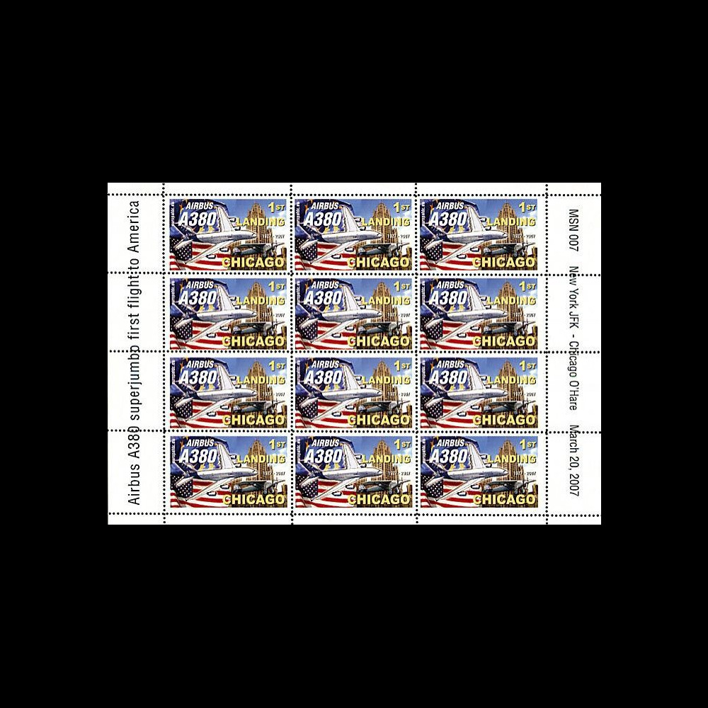 A380-46VD : 2007 - Feuillet dentelé '1er atterrissage à Chicago O´Hare'